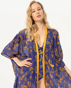 Kimono court SURKANA coton bleu violine et safran