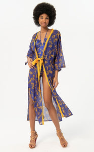 Kimono long SURKANA coton bleu violine et safran