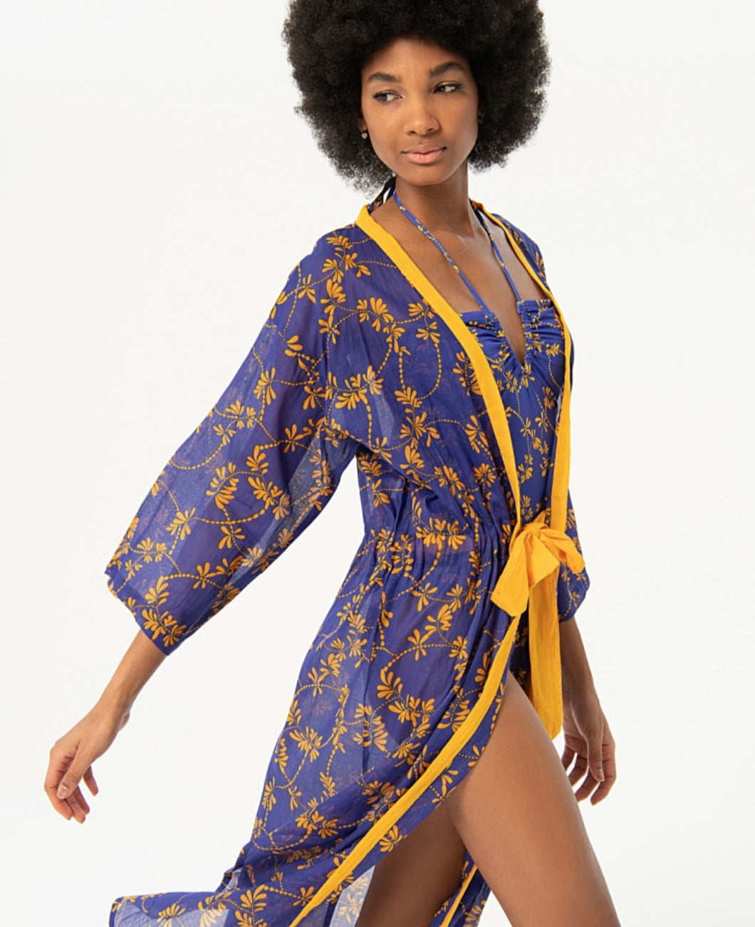 Kimono long SURKANA coton bleu violine et safran